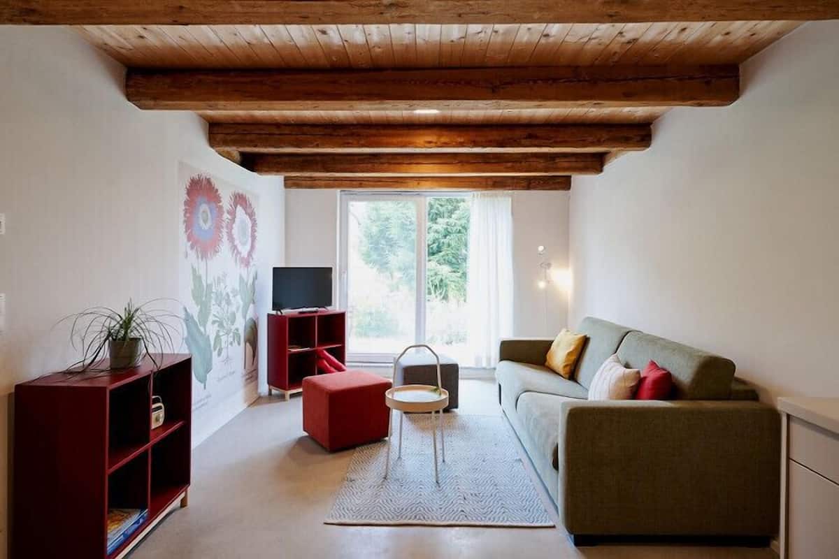 Een woonkamer met een houten plafond, een rode boekenkast, een grijze bank en een groot raam.