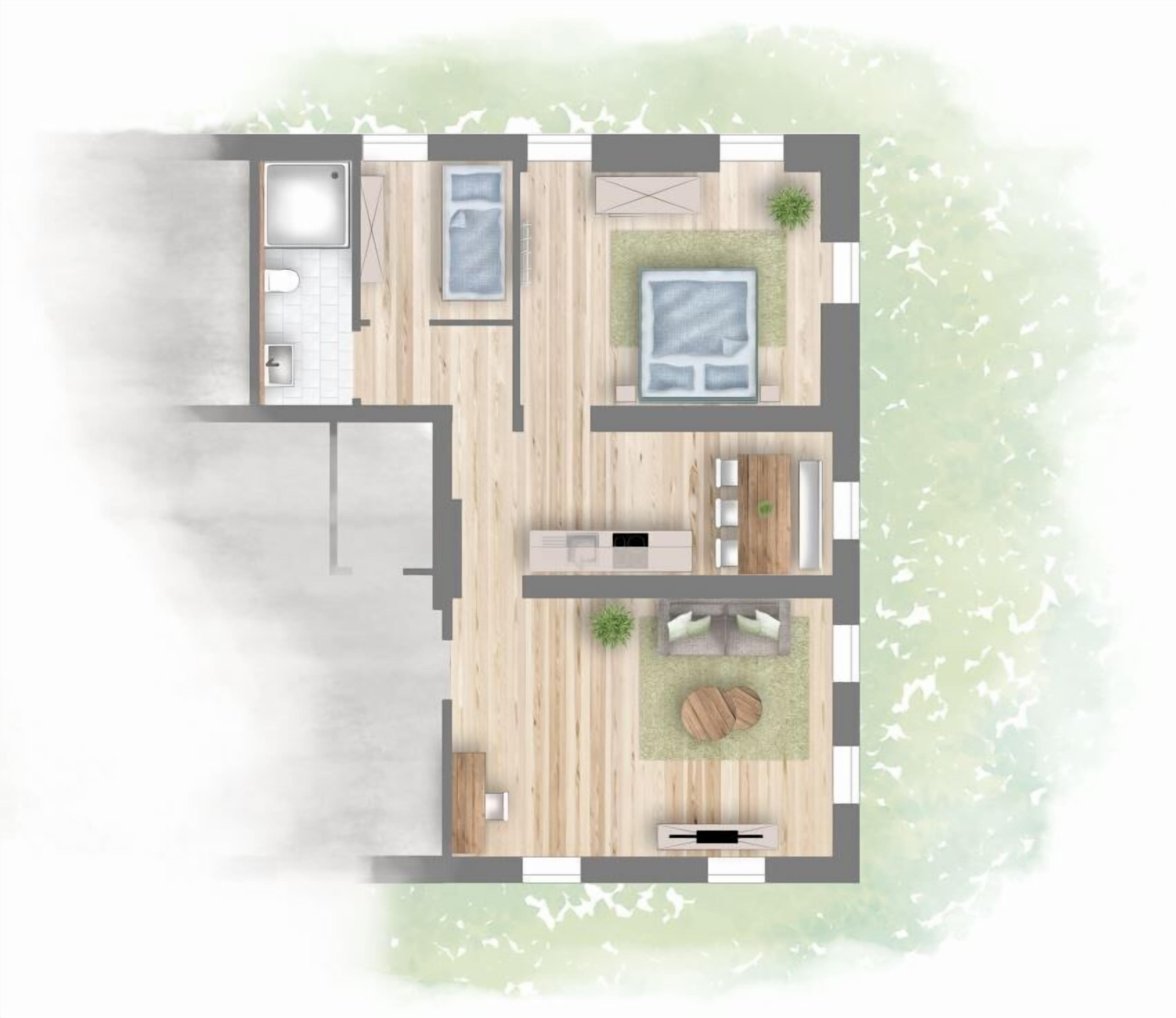 A modern apartment layout with a living area, kitchen, and two bedrooms.
