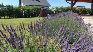 A playground with a slide and swings, surrounded by lavender fields and a house with a sloped roof. - Comfortable holiday home, private garden, sauna (Smołdzino)