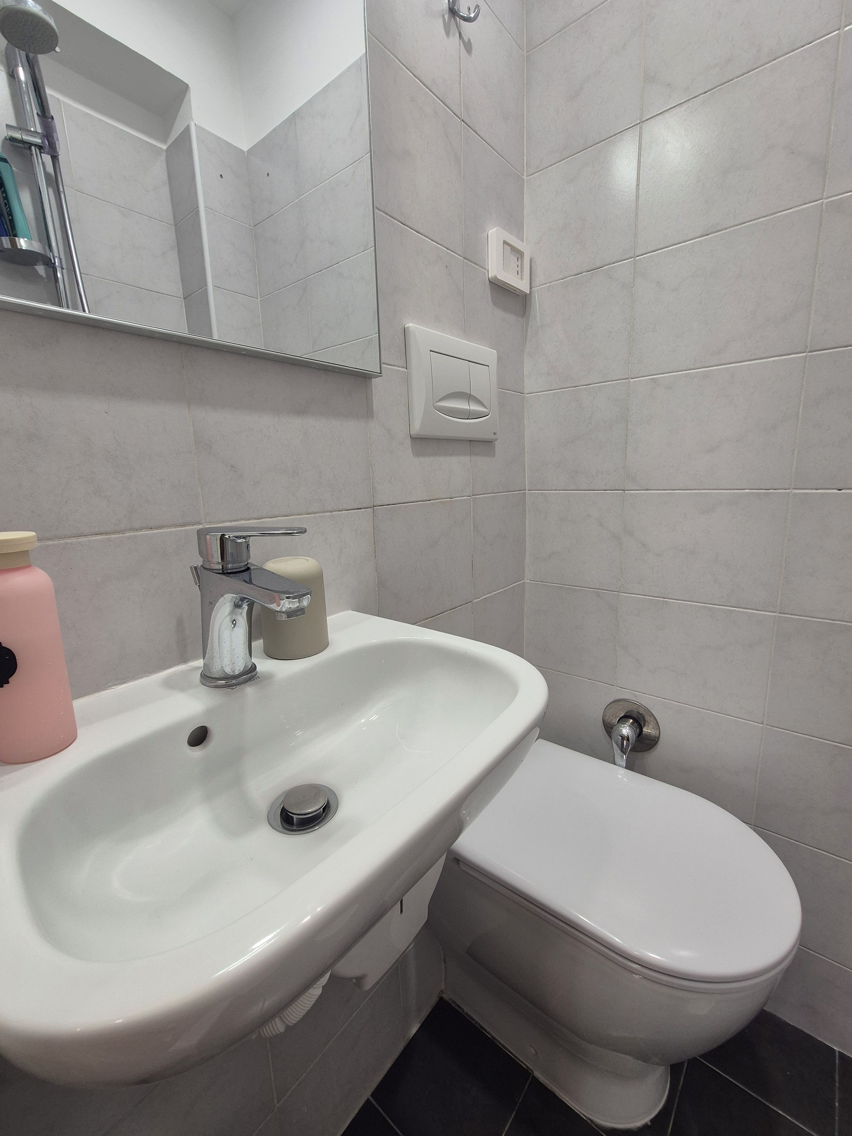 A bathroom with a white sink, a toilet, and a mirror.