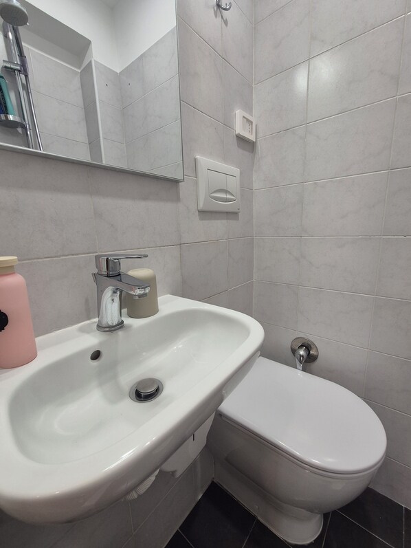 A bathroom with a white sink, a toilet, and a mirror. - A casa di Alex Vatican (Rome)