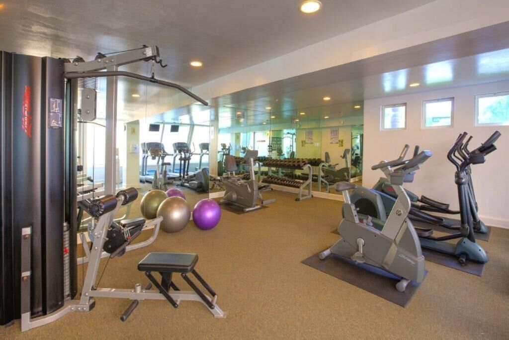 A gym with various exercise equipment, including treadmills, elliptical machines, and weight machines.
