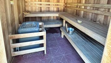 A sauna with wooden walls and benches, a small shelf with a bowl, and a mat on the floor.