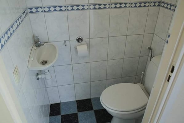 Un baño pequeño con inodoro, lavamanos y un rollo de papel higiénico.