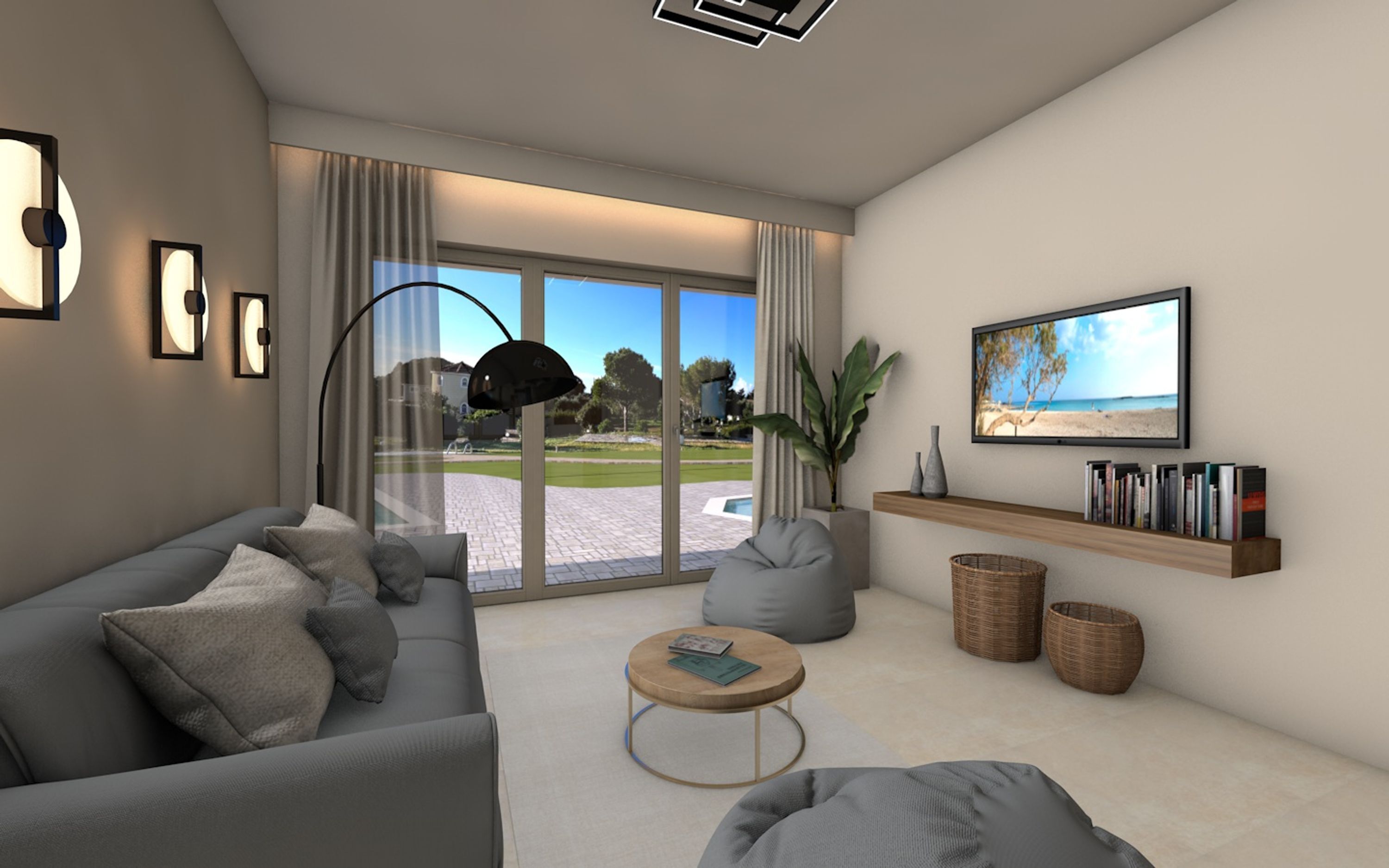A modern living room with a grey sofa, a round coffee table, a TV on the wall, and a large window with a view of a garden and a pool.