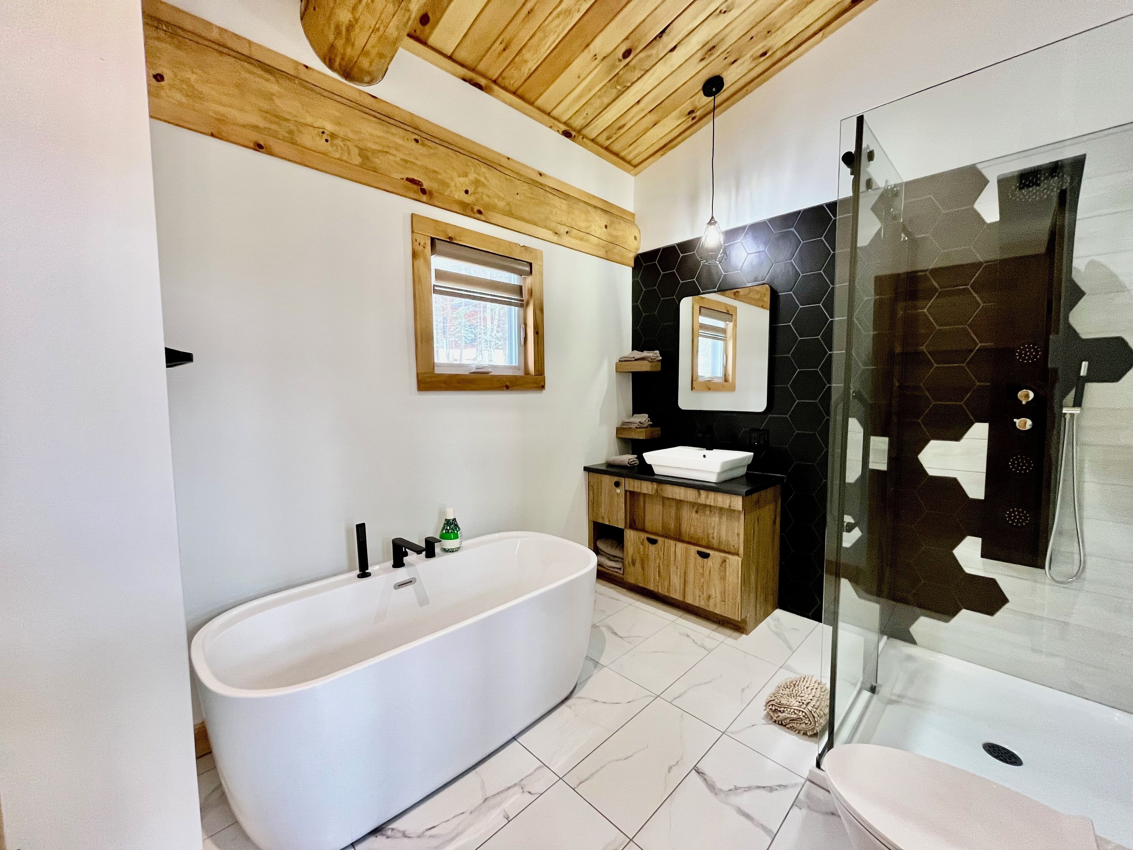 Dusche, Haartrockner, Handtücher, Toilettenpapier
