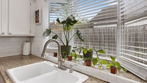 Una cocina con un lavamanos blanco, grifo de acero inoxidable y plantas en macetas.