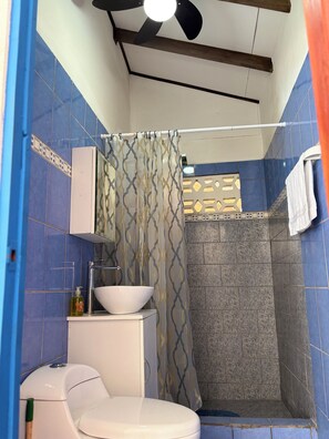 Regadera, toallas, jabón, papel de baño 