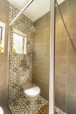 Shower, towels, soap, toilet paper