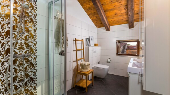 Shower, hair dryer, towels