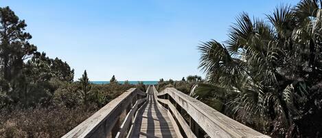 A wooden boardwalk leading to a beach with palm trees and shrubs.