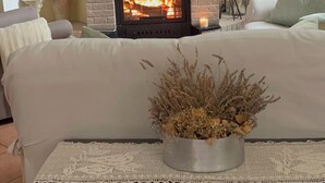 Ein Wohnzimmer mit Kamin, einer Couch, einem Fernseher und Dekoration.