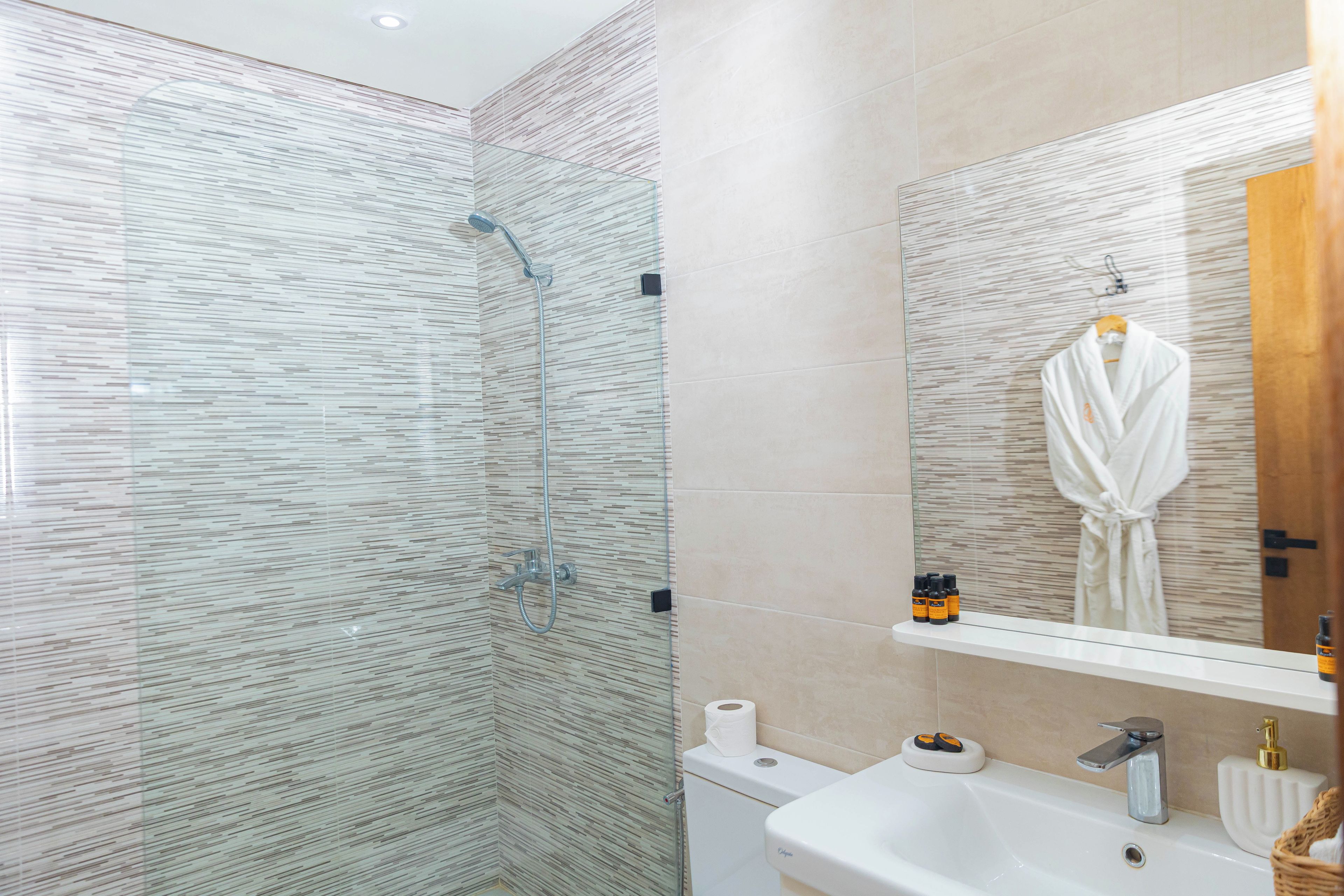 A modern bathroom with a glass shower enclosure, a toilet, a sink, and a mirror.
