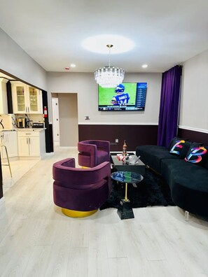 Smart TV, fireplace, books