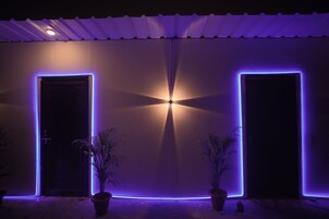 A building entrance with two doors, each framed by purple LED lights, and two potted plants on either side.