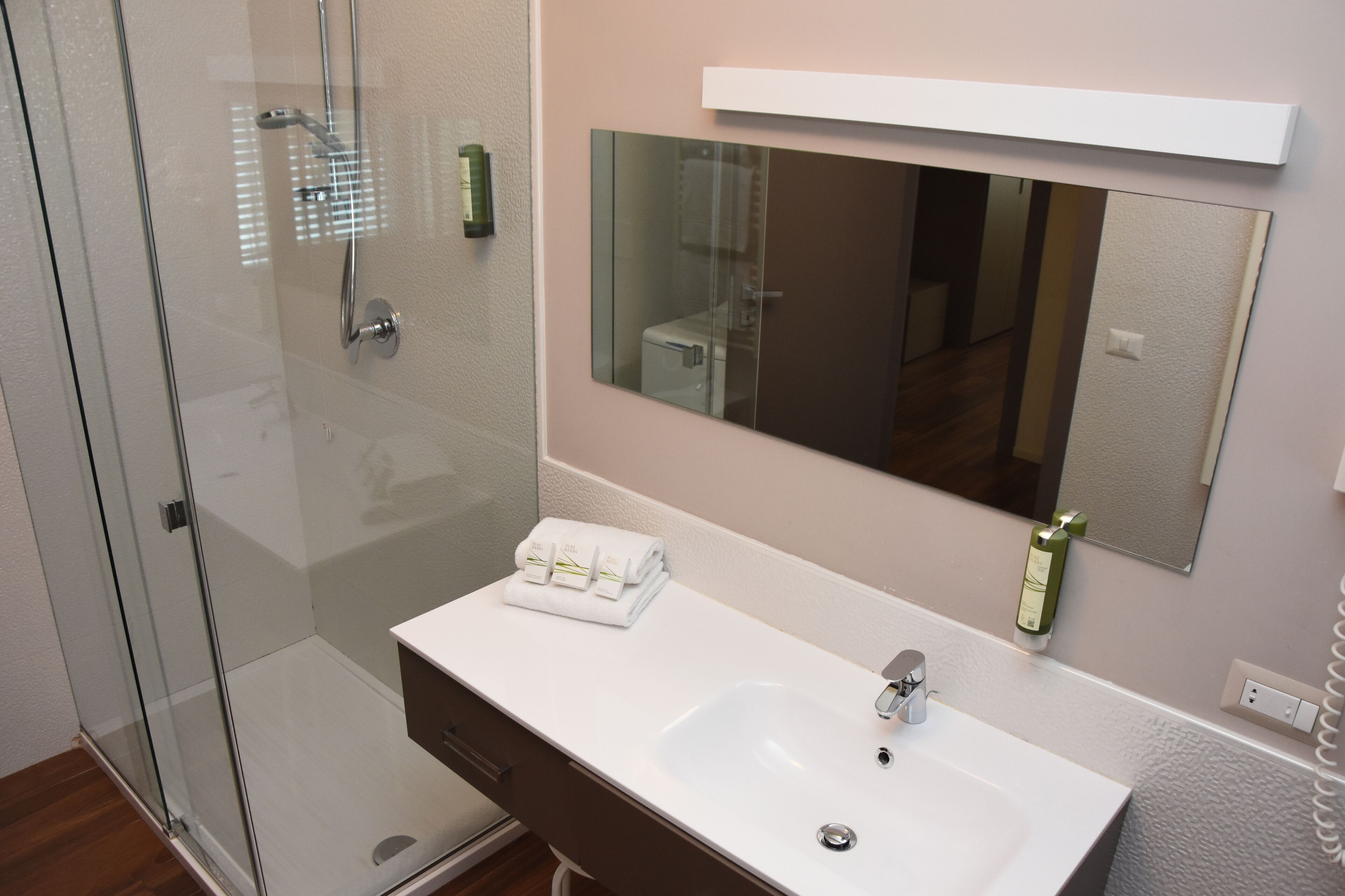 Shower, hair dryer, bidet, towels