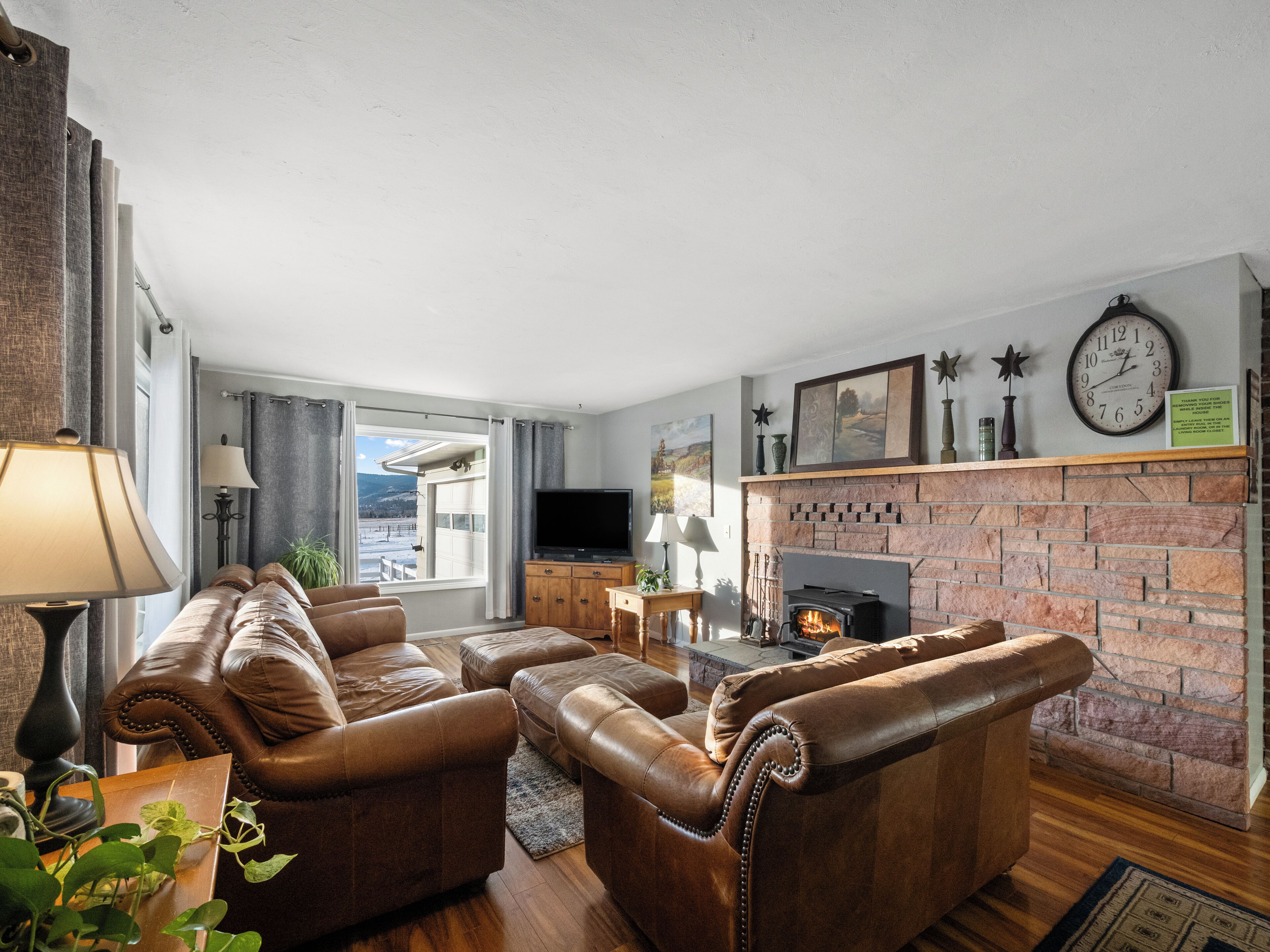 TV connectée, cheminée, livres, chaîne hi-fi