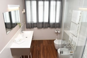 Regadera, secadora de cabello, bidet, toallas