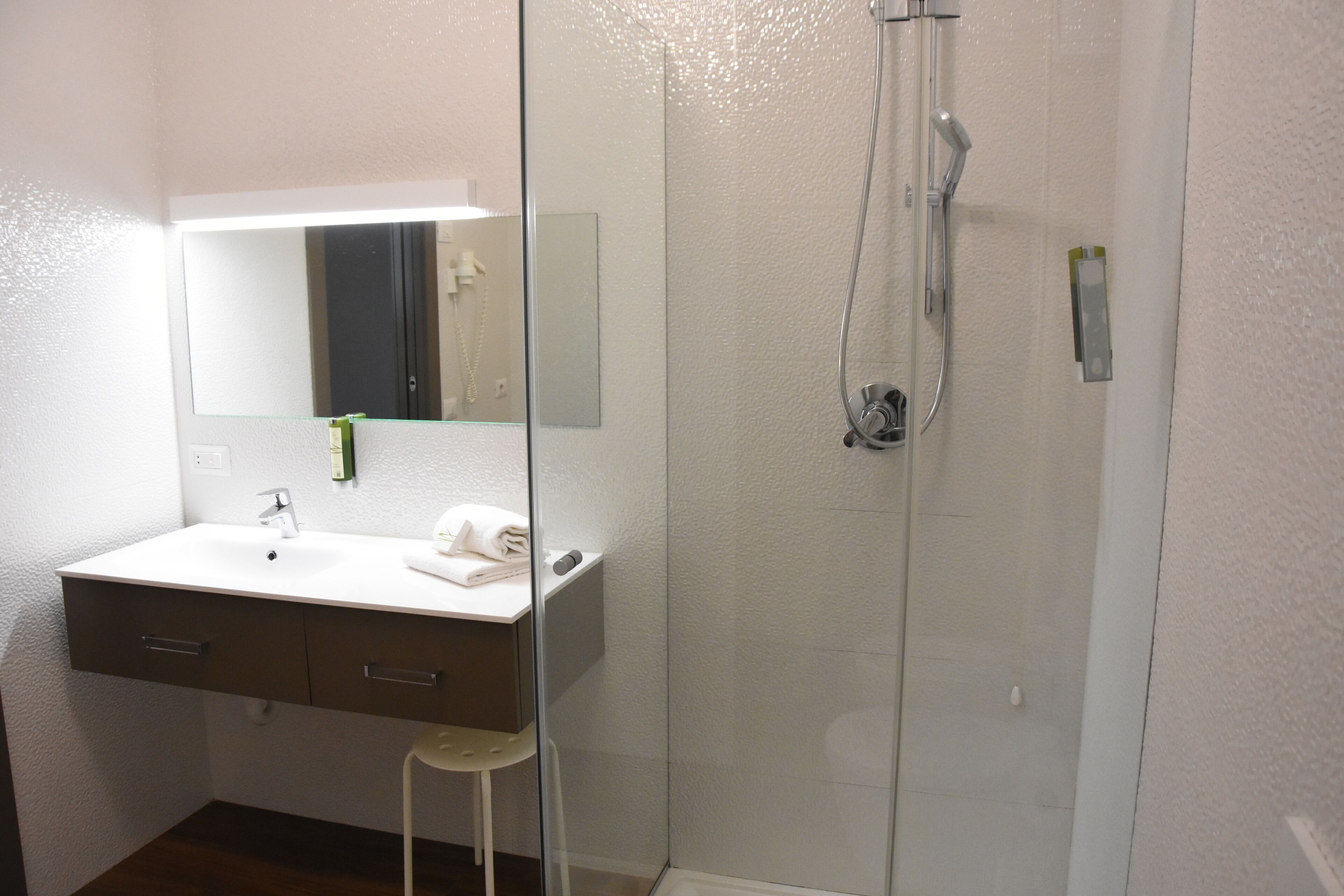 Shower, hair dryer, bidet, towels