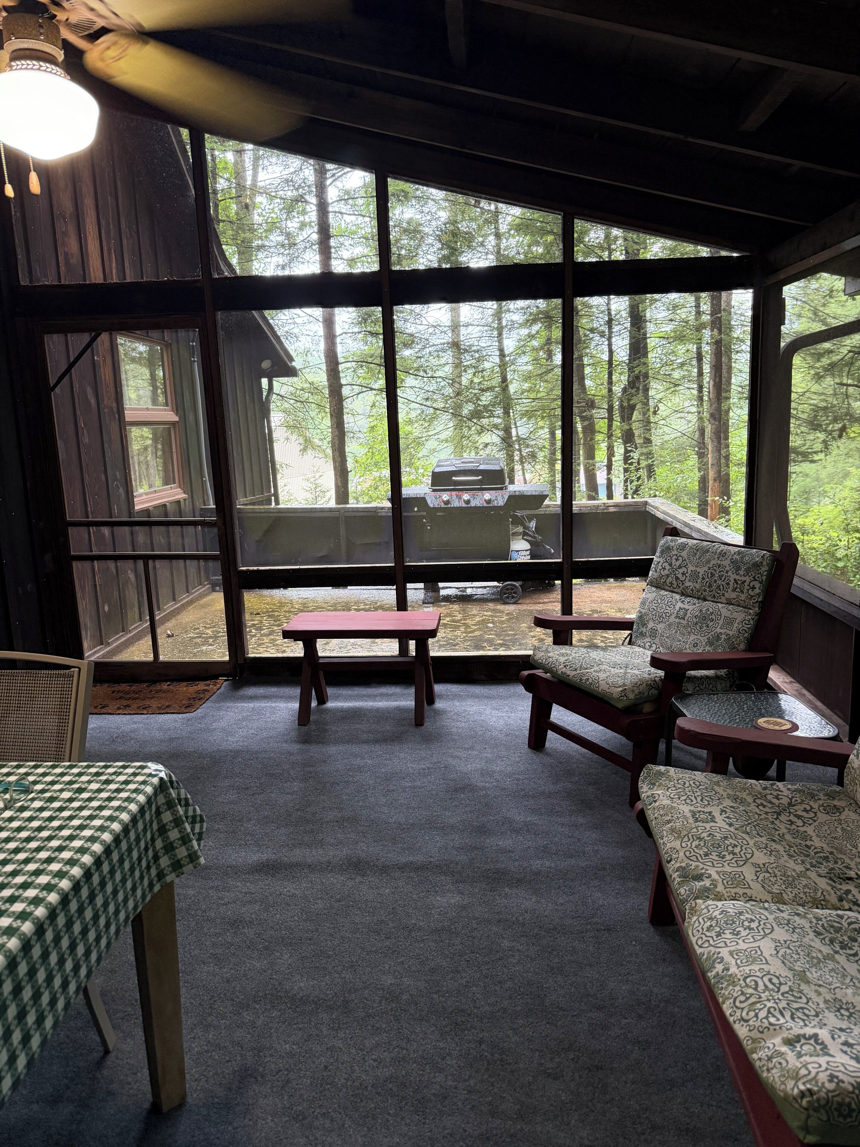 Un espace extérieur aménagé, abrité et doté d’une table et de chaises, offrant une vue sur une forêt grâce à de grandes fenêtres, ainsi qu’un barbecue à l’extérieur.