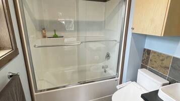 Hair dryer, bidet, towels, soap