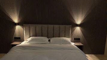 Un dormitorio con una cama grande, dos mesitas de noche y un cabecero de listones de madera.