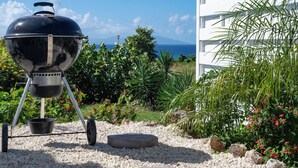 A barbecue grill in a garden with a view of the ocean and a white building. - Villa Paruline with swimming pool tropical garden and sea view (Grand-Bourg)