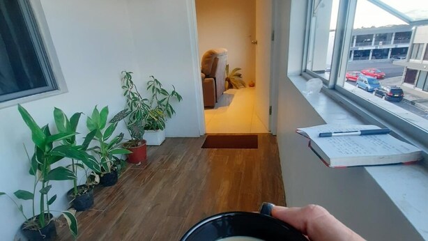 A view from a balcony with a coffee cup, potted plants, and a glimpse of a room with a bed and a chair. - Bula Bliss (Nadi)