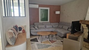 TV connectée, cheminée, livres