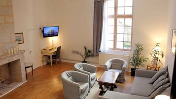 TV connectée, cheminée, livres