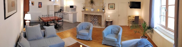 Smart TV, fireplace, books