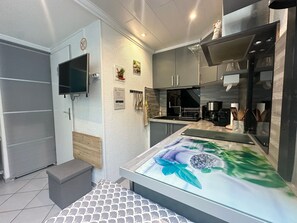 Réfrigérateur, micro-ondes, plaque de cuisson, lave-vaisselle