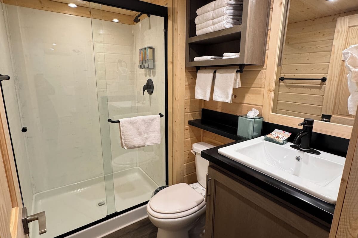 Ein modernes Badezimmer mit einer in Glas abgeschirmten Dusche, einer weißen Toilette und einem Waschbecken mit schwarzer Arbeitsplatte.