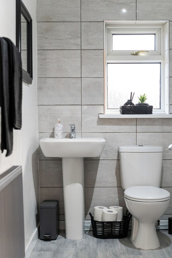 Hiustenkuivaaja, pyyhkeet, saippua, vessapaperi