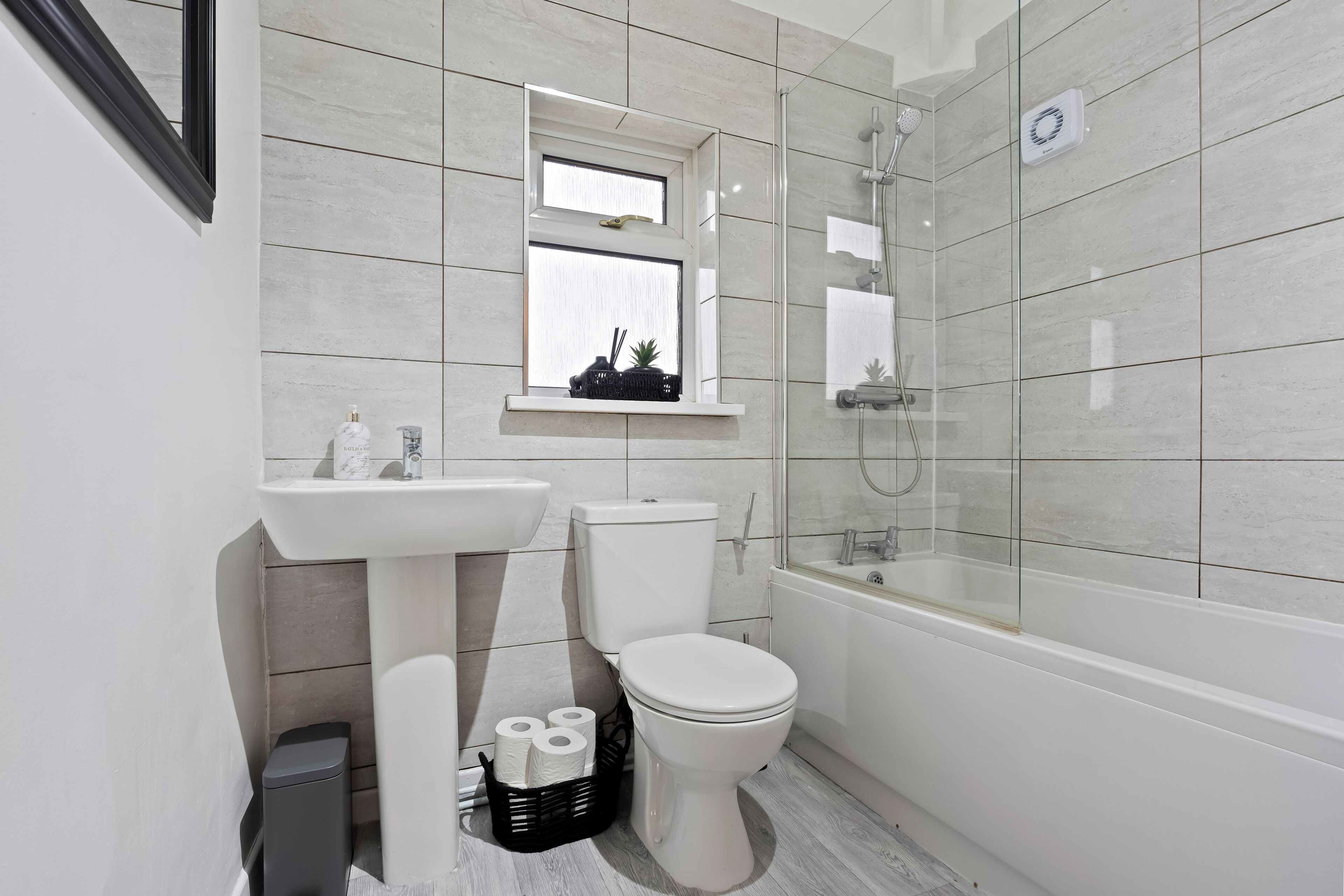 Hair dryer, towels, soap, toilet paper
