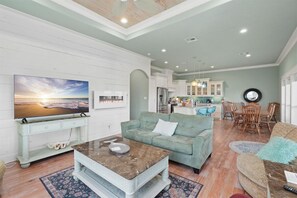 Smart TV, fireplace, books