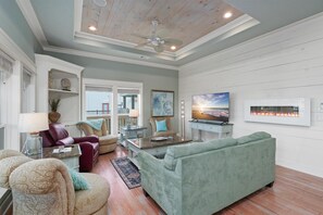 Smart TV, fireplace, books, stereo