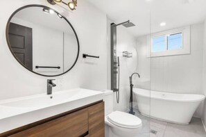 Hair dryer, towels, soap, shampoo