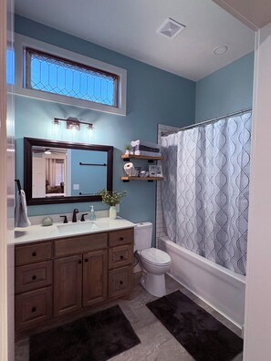 Hair dryer, towels, soap, shampoo