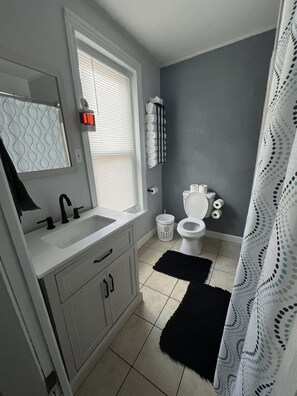 Shower, hair dryer, towels