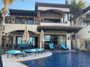 Outdoor pool, pool umbrellas, pool loungers