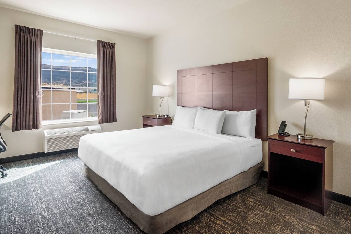 A hotel room with a large bed, two bedside tables with lamps, a window with curtains, and a view of the outdoors.