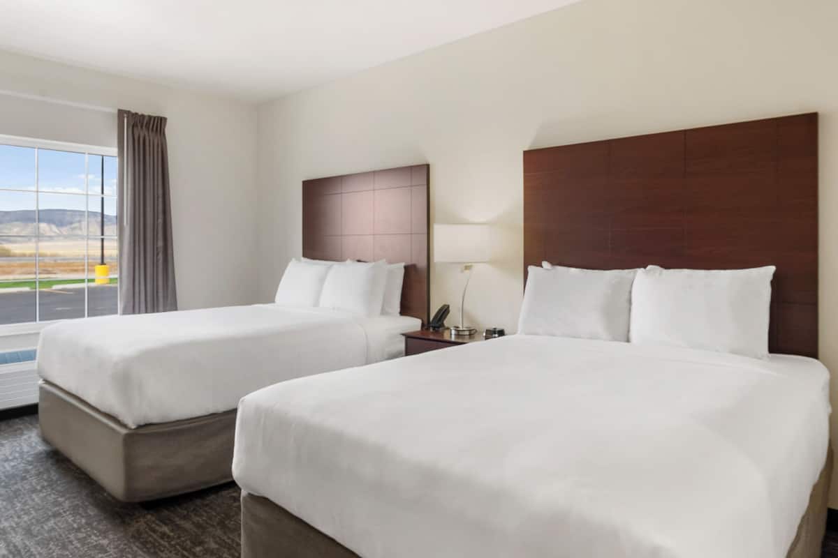 A hotel room with two beds, a large window with a view of a landscape, and a nightstand with a lamp.