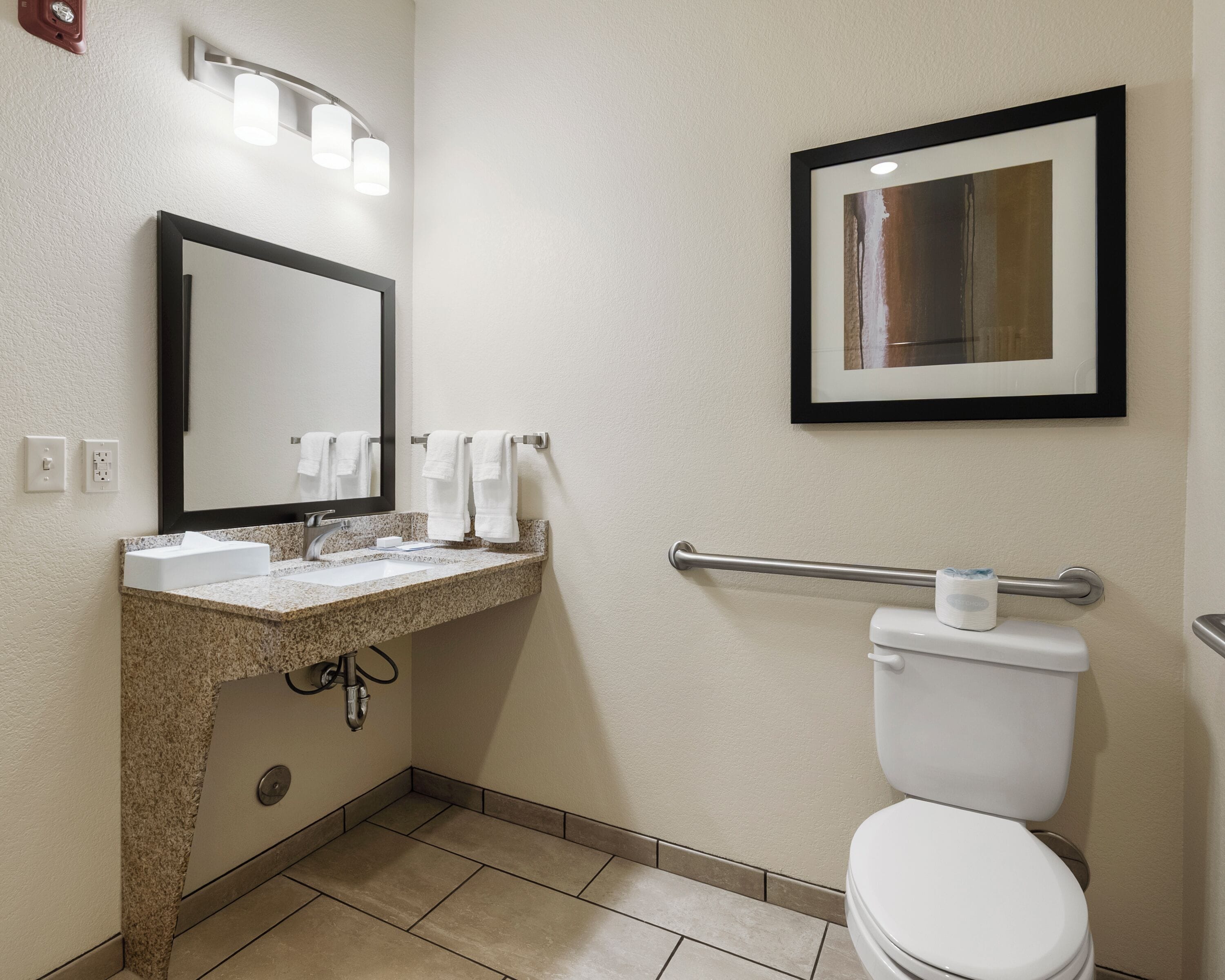 A bathroom with a granite sink, a mirror, a toilet, and a framed picture on the wall.