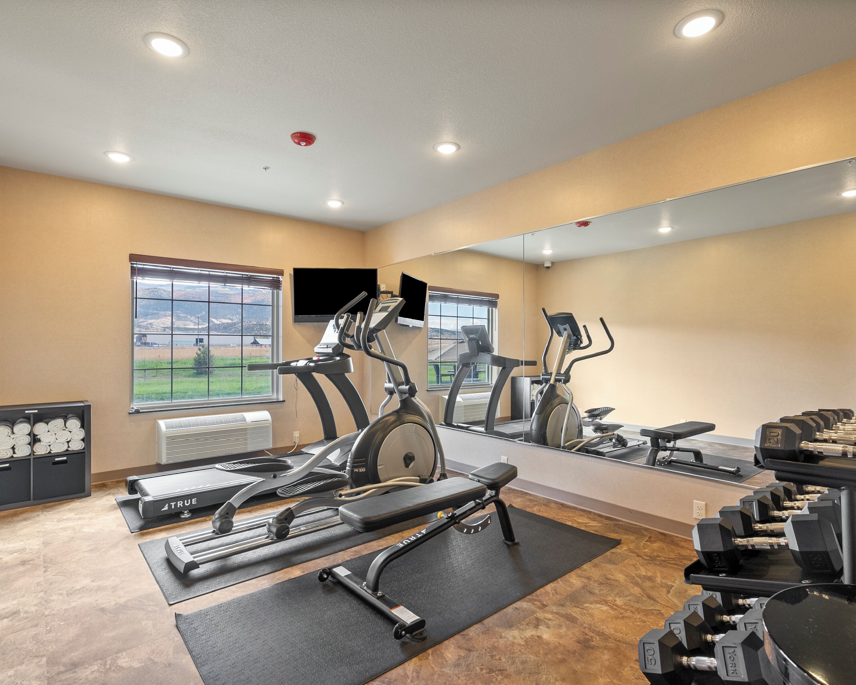 A gym with treadmills, stationary bikes, and weight machines.