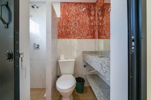 Une salle de bain avec des toilettes, une douche et un lavabo.
