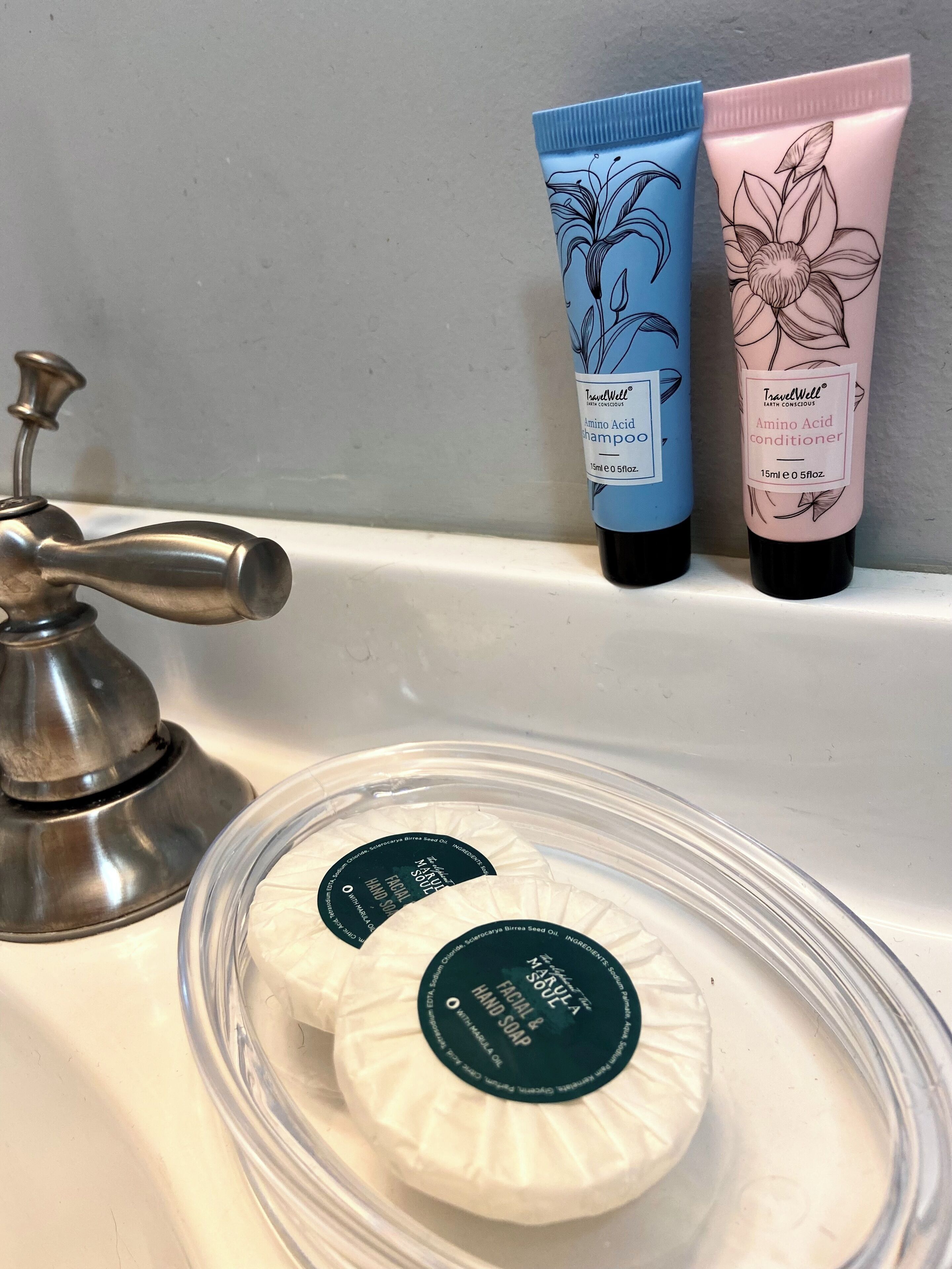 A bathroom sink with two TravelWell products and two soap bars.