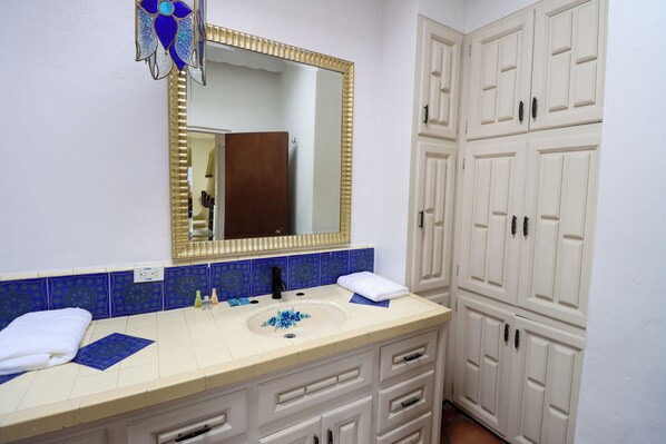 Shower, hair dryer, bidet, towels