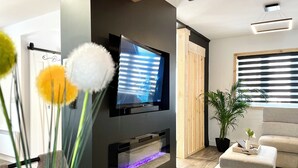 A modern living room with a flat-screen TV mounted on a dark wall, a wooden cabinet, a grey sofa, and a potted plant.