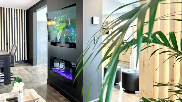 A modern living room with a flat-screen TV mounted on the wall, a wooden dining table with chairs, and a decorative plant in the foreground.